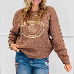 NWT Bailey Rose Chocolate Cable Knit “Girls Rodeo Club”    Sweater.